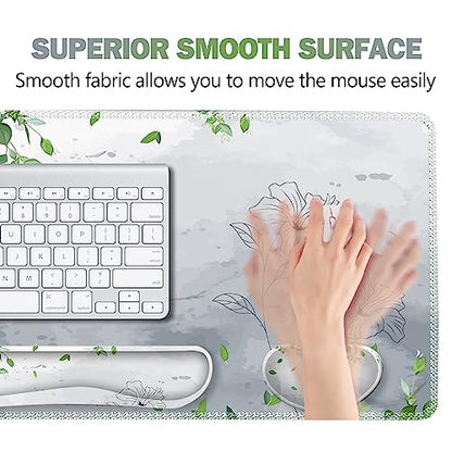 ARTSO Gaming Mouse Pad Wrist Support Set, XXL Large Desk Mat Mousepad + Keyboard Wrist Support+ Mouse Wrist Rest+Coaster 4in1 Ergonomic, Memory Foam -Green Leaves and Line Flower - color: Green leaves and Line Flower