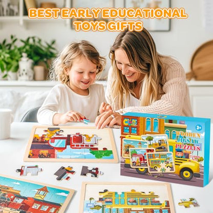 6-Pack Wooden Puzzles for Kids Ages 3-5, 60-Piece Construction Vehicle Set | Toddler Puzzles Ages 3-5, Preschool Puzzles with Wooden Jigsaw Boards for Fine Motor Skills, Shape Recognition and Travel - style: Vehicles