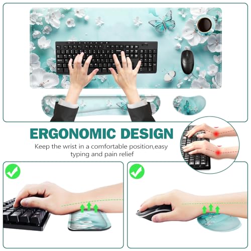ToLuLu Large Mouse Pad Desk Pad, Wrist Rest Desk Mat for Keyboard and Mouse | 4PCS 35.4”x15.7" XXL Giant Mouse Pad, Non-Slip Base Stitched Edges Mousepad for Home Office, Teal Butterfly - color: Teal Butterfly