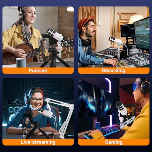 COMICA EJoy D10(A) USB/XLR Dynamic Gaming Mic with Boom Arm, Noise Cancel | Cardioid Dynamic Capsule, 48khz/24bit, 4-Level Gain & Real-Time Monitor, Streaming Microphone for Gamers Pc/Laptop/Ps5 - color: White