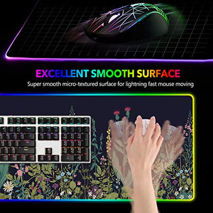 RGB Gaming Mouse Pad Large, AIMSA Keyboard Led Mousepad Extended 35.4 x 15.8 inch Non-Slip Rubber Base with 14 Lighting Modes, Big Desk Mat Waterproof, Flowers Plants - color: Flowers Plants