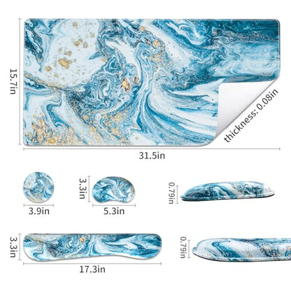 QIYI PU Leather Desk Mat Set, 4-in-1 Ergonomic Wrist Rest, Blue Marble | Waterproof Large Mouse Pad 31.5×15.7 + Keyboard Wrist Rest + Mouse Wrist Support+Coaster, Non-Slip Office Gaming Accessories - color: Blue Marble