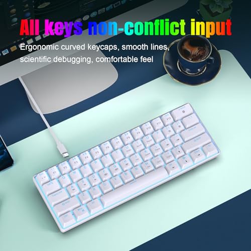 Snpurdiri Portable 60% Mechanical Gaming Keyboard (White,Red Switches) | Ice Blue LED Backlit 61 Keys Mini Wired Office Keyboard for Windows Laptop PC Mac - color: White(Ice Blue Light)/Red Switch