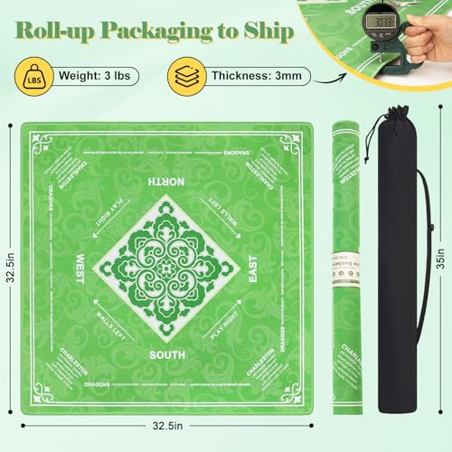 Shipped Rolled Mahjong Mat with Rules Without Creases, 3mm, 32.5" x 32.5" | Anti-Slip Rubber Base, Travel-ready with Carry Bag, Soft & Water-Repellent Surface, Noise-Reduce, for Poker & Card game - color: Green