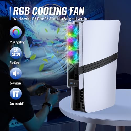 Cooling Fans for PS5 Pro/Slim, Adjustable 3 Speed Fans with LED Light, Quiet and Efficient Cooling System,USB 3.0 Port for PlayStation5 Pro/Slim Disc/Digital Edition Console-Black&White - color: Black&White