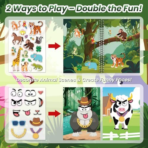 Animals Reusable Sticker Book for Toddlers, DIY Make-a-face Jelly Stickers | Make A Face & Scene Decoration Play, Washable and Reusable Jelly Stickers, Portable Travel Friendly, Airplane Trip Essentials - style: Animal