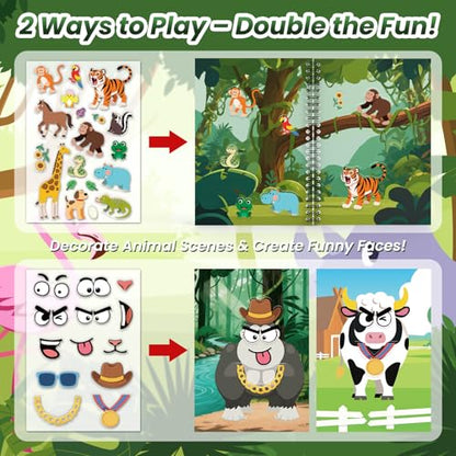 Animals Reusable Sticker Book for Toddlers, DIY Make-a-face Jelly Stickers | Make A Face & Scene Decoration Play, Washable and Reusable Jelly Stickers, Portable Travel Friendly, Airplane Trip Essentials - style: Animal