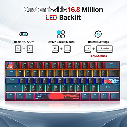 Portable 60% Mechanical Gaming Keyboard Blue/Black, Rainbow Backlit Wired Key Board with Red Switch, Compact 61 Keys Mini Office Keyboards for Laptop PC (61 Monster B/Red Switch) - color: 61 Monster B/Red Switch