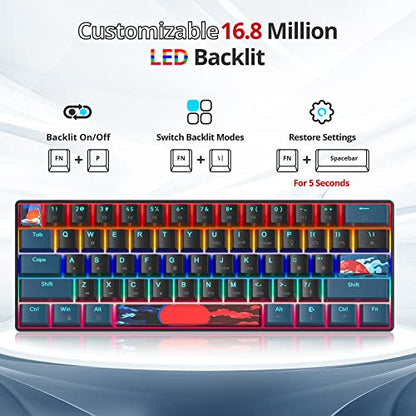 Portable 60% Mechanical Gaming Keyboard Blue/Black, Rainbow Backlit Wired Key Board with Red Switch, Compact 61 Keys Mini Office Keyboards for Laptop PC (61 Monster B/Red Switch) - color: 61 Monster B/Red Switch
