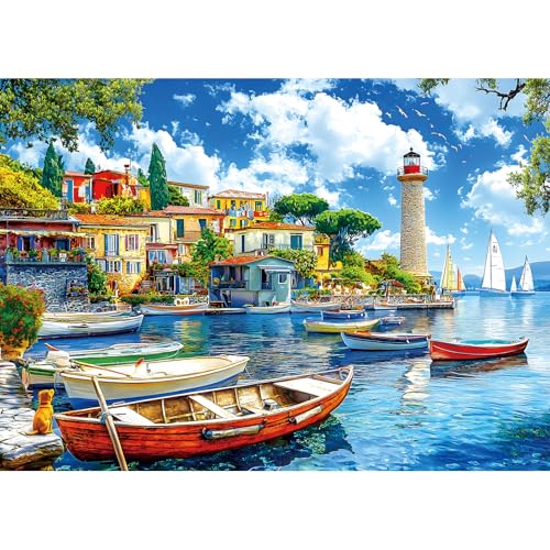1000 Piece Jigsaw Puzzle for Adults Seaside Harbor Colorful Houses Lighthouse Sailboats Scene Beautiful Mediterranean Sea Landscape Challenging Coastal Village Puzzle for Adults Families27.6 x19.7 - color: Seaside Harbor