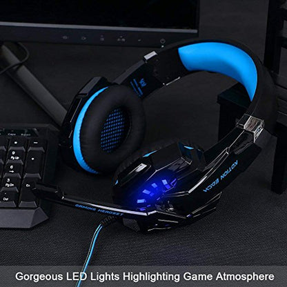 BlueFire Stereo Gaming Headset for PS4, PS5, PC, Xbox One, Noise Cancelling Over Ear Headphones with Mic, LED Light, Bass Surround, Soft Memory Earmuffs for Laptop Nintendo Switch Games (Blue) - color: Blue