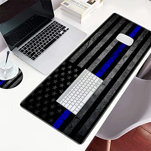 Large Gaming Mouse Pad, Thin Blue Line American Flag Design Keyboard Mat Desk Mousepad, Full Desk Extended XXL Mouse Pad 35.5" X 15.75" w/Stitched Edges Non-Slip for Office Home Gamer