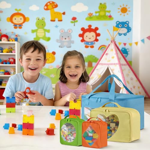 4 PCS Visible Magnetic Tiles Storage Bags, Toy Storage Bags with Label for Home School, Carrying Case for Building Bricks, Puzzle, Board Games, Toy Car and Other