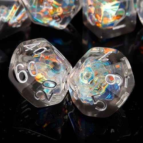 Haxtec DND Dice Set, 7 Pcs Iridescent Resin Polyhedral RPG Dice | Black Clear Role Playing Games Dice with Velvet Pouch, Compatible with Dungeons and Dragons, Gifts for D&D Lovers - color: Black White