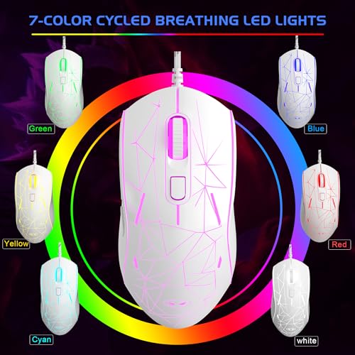 MageGee G6 Wired Gaming Mouse, Ergonomic USB Optical Mouse with 7 Colors Breathing LED Backlit, 6 Adjustable Speed Levels from 600 to 3200 for Laptop PC Computer Games & Work, White - color: white