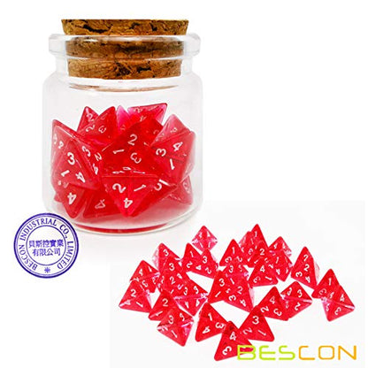 Bescon Mini Gem Red D4 Dice Set, 30-Piece 4-Sided Polyhedral Dice in Glass Jar for RPG, Tabletop Games, Math Games and Party Favors - color: Mini Gem Red D4 Dice 30pcs Healing Potion Bottle