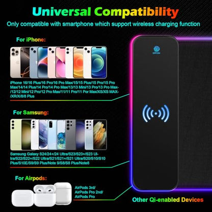 RGB Gaming Mouse Pad with Wireless Charging 15W, XXL Extra Large LED Mousepad 800x300x4mm, 13 Light Modes Mouse Mat Non-Slip Rubber Base, Waterproof Computer Pad for Home Office Gaming Desk Decor