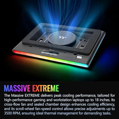 Thermaltake Massive EXTREME Notebook Cooler; Laptop up to 18in; 800~3500 RPM; 48.5 CFM; 120mm Cross Flow Fan; Ambient Temp Sensor; PWM Scroll Wheel; 2 Stage Height & Angle Adjustment; CL-N023-PL12SW-B