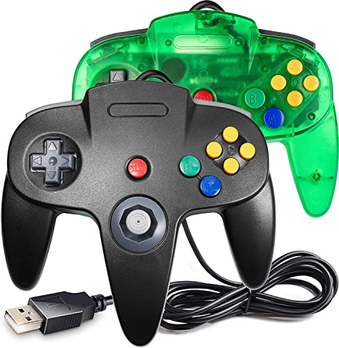 2 Pack Classic N64 Controller, miadore N64 Wired USB PC Game pad Joystick, N64 Bit USB Wired Game Stick Joy pad Controller for Windows PC MAC Linux Raspberry Pi 3 Sega Genesis (Clear Green/Black) - color: Clear Green/Black