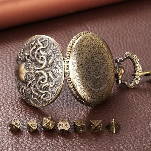 Mini DND Dice Set with Steampunk Double Eyed Octopus Pocket Watch Case, Tiny 7PCS Polyhedral Metal D&D Dice, DND Gifts with Gift Box, Role Playing Game Board Game Accessories Dice, Bronze - color: Bronze