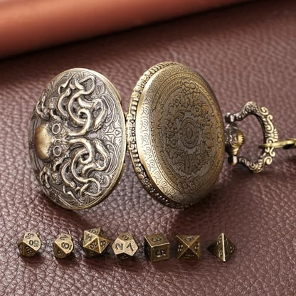 Mini DND Dice Set with Steampunk Double Eyed Octopus Pocket Watch Case, Tiny 7PCS Polyhedral Metal D&D Dice, DND Gifts with Gift Box, Role Playing Game Board Game Accessories Dice, Bronze - color: Bronze