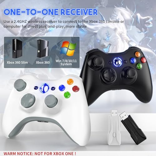 Gamrombo 2 Pack Replacement for Xbox 360 Controller, Wireless Controllers Gamepad Upgraded Joystick Compatible with 360 & Slim, Windows 11/10/8/7 PC Controller（White+Black） - color: White+Black