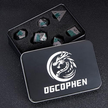 Metal DND Cat Dice 7PCS Polyhedral RPG Dice Set with Gift Case for Dungeons Dragons Role Playing Game, D and D Dice D6 D8 D10 D12 D20 D% (Grey Green) - color: Cat-grey Green