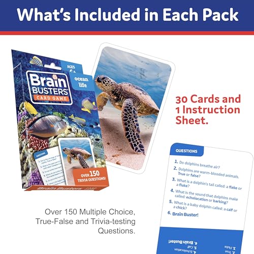Brain Busters Trivia Card Set, Family Knowledge Cards Bundle with 120 Flash Cards - Multiple Choice Topics Including Environment, Sports, Ocean Life and Nature (Ages 6+) - style: Sports