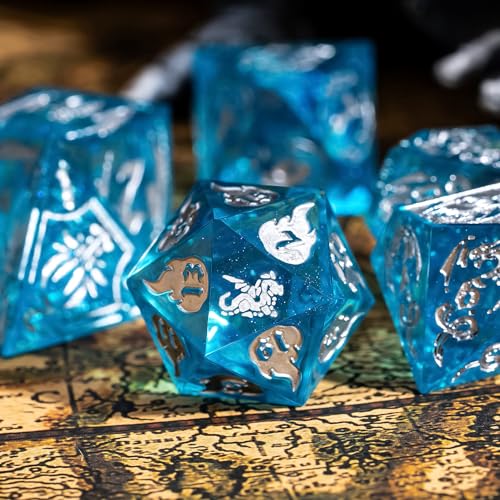 Cusdie 7-Piece Sharp Edges DND Dice Set with Dragon Pattern - Perfect for Tabletop RPGs Board Games Gifting and Collecting(Transparent Blue/Silver Number) - color: Dragon Pattern Tb/S