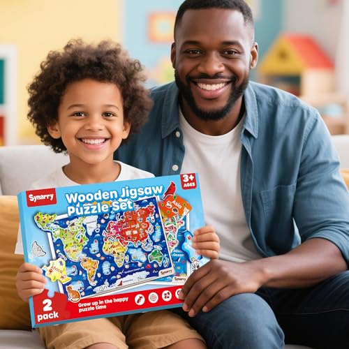 SYNARRY Large USA World Wooden Puzzles for Kids Ages 4-6, Learning United States World Maps Puzles for Kids Ages 6-8, Wood Jigsaw Puzzles Educational Games Toys Gifts for Boys Girls Ages 3-8 - style: USA World Map