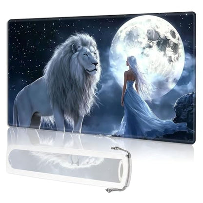 for MTG Playmat TCG Card Game Mat with Stitched Edges,Board Game Mats Non-Slip Waterproof Rubber Base 24 x 14 inch for CCG RPG DTCG Trading Card,Moonlight Lion Princess - color: Moonlight Lion Princess