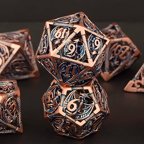 KERWELLSI Hollow DND Dice Set D&D with Gifts Box, 7pcs Polyhedral Metal D and D Dice for Role Playing Game, Dungeon Dragon Dice D20 D12 D10 D8 D6 D4 (Gold Blue) - color: Gold Blue