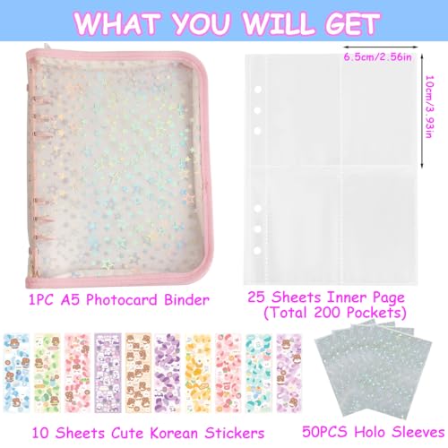 Kpop Photocard Binder with 6 Stickers Sheet & 50 Shinning Protective Card Sleeves Kpop Photocard Holder Book, A5 Binder Photocard Album 25 Inner Pages with 200 Pockets 6 Ring (Pink) - color: Pink
