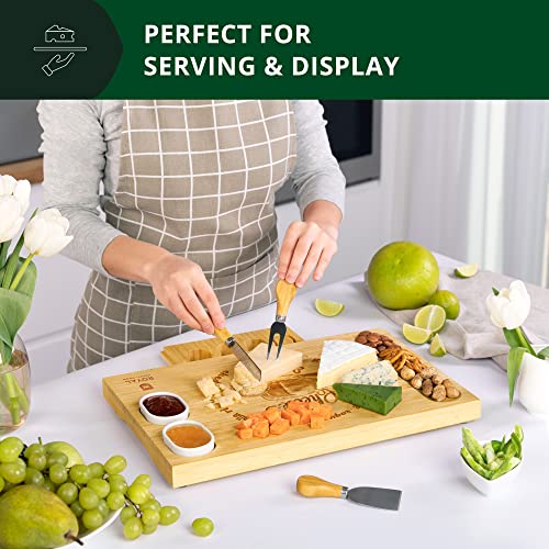 ROYAL CRAFT WOOD Bamboo Cheese Board and Knife Set with Charcuterie Board & Serving Tray with 4 Stainless Steel Knife & Thick Wooden Server with Bowls and Serveware Accessories - style: 1-4 Guests