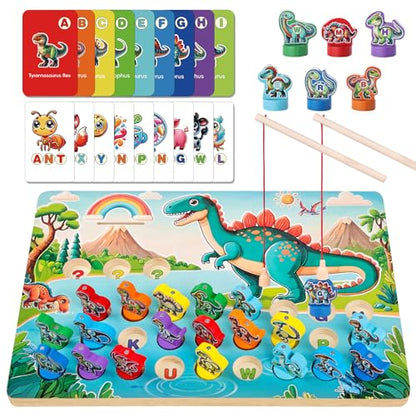 Wooden Dinosaur Magnetic Fishing Game for Toddlers Ages 3-5 with 2 Pods, ABC Alphabet Learning Toy with Spelling Cards, Preschool Educational Montessori Toys, Gift for Boy Girl