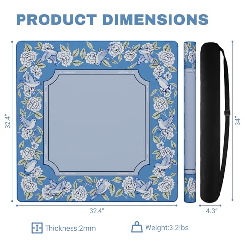 Anti Slip Mahjong Mat for Table 32.4" x 32.4" - Noise Reduction Rubber Base Game Mat with Carrying Bag, Waterproof Portable Table Cover for Poker/Cards/Board Games/Tile Games-Blue - color: Fl-blue
