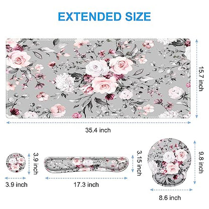 iCasso Large Mouse Pad Wrist Support Set, 4in1 XXL Big Mousepad + Keyboard Wrist Rest + Mouse Wrist Rest + Coaster Set with Ergonomic Design Gaming Mat for Home Office Table Computer - Pink Floral - color: Tea Rose