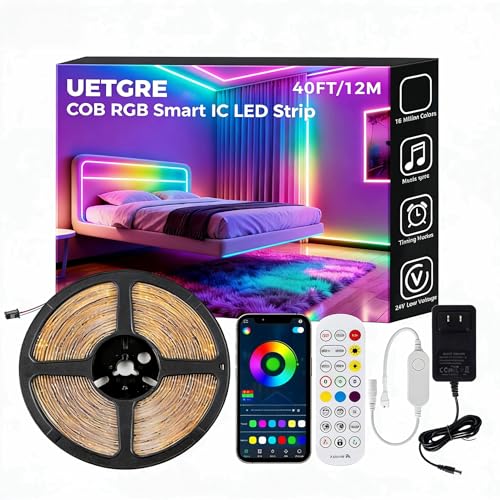 40FT RGB+IC COB LED Strip Lights, Bright Dream Color COB LED Light Strip with App & Remote Control, Color Changing, Music Sync, Dimmable for Bedroom, Kitchen, Gaming Room Home Decor （1 Roll） - color: RGB IC