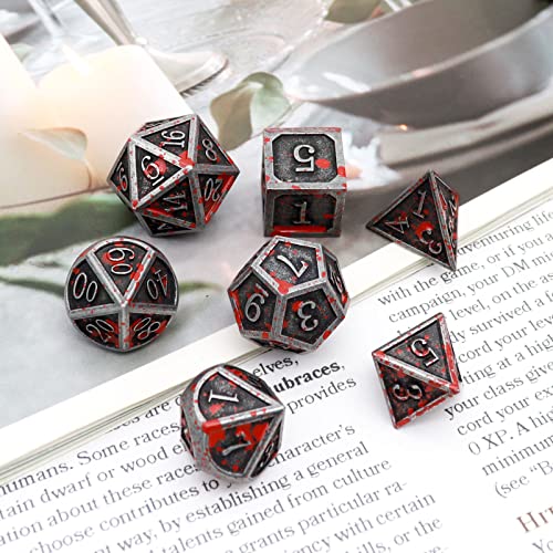 Haxtec Bloodstained Metal DND Dice Set Blood Polyhedral D&D Dice with Leather Dice Bag Compatible with Dungeons and Dragons Gift for DND Lovers TTRPG DM Masters Antique Metal Halloween Dice - color: Iron Red