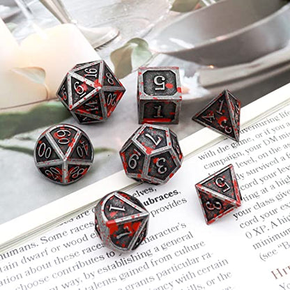 Haxtec Bloodstained Metal DND Dice Set Blood Polyhedral D&D Dice with Leather Dice Bag Compatible with Dungeons and Dragons Gift for DND Lovers TTRPG DM Masters Antique Metal Halloween Dice - color: Iron Red