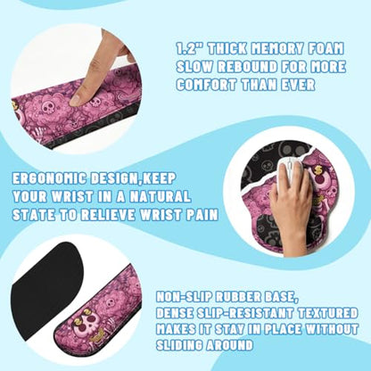 Pink Skull Desk Mat Set Cute Goth Aesthetic Large Mouse Pad with Wrist Rest 4in1 Desk Mat for Desktop Ergonomic Computer Desk Arm Wrist Anti-Slip Computer Ergonomic Mouse Pad Home Office Gaming - color: Pink Skull