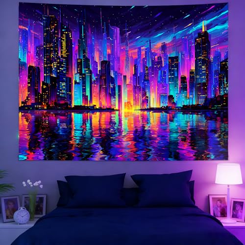 KKYEJLQYI Cyber City UV Reactive Tapestry, Black Light Neon Wall Tapestry, Luminous Space Tapestry, Bedroom, Living Room, Game Room Decoration Large Tapestry - color: City-2