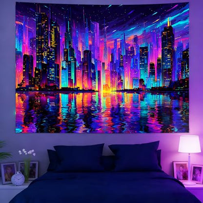 KKYEJLQYI Cyber City UV Reactive Tapestry, Black Light Neon Wall Tapestry, Luminous Space Tapestry, Bedroom, Living Room, Game Room Decoration Large Tapestry - color: City-2