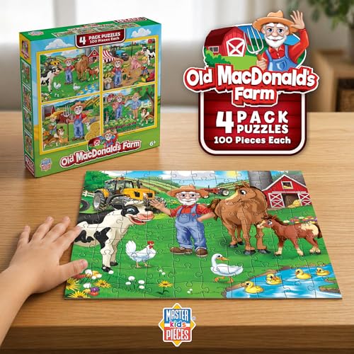 MasterPieces – Jigsaw Puzzle Set for Kids 6+ Years, 4-Pack of 100 Pieces, Educational and Fun Game, Old Macdonald’s Farm Collection, Gift Idea for Children, 8" x 10" - style: Old MacDonald's Farm