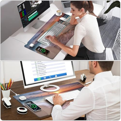 Wireless Charging Mouse Pad, 31.5"x15.8" in, Beach Sunset | Anti-Fray Stitched Edges, Waterproof Premium Textured Surface, Non-Slip Rubber Base, with 20W PD Adapter - color: Sunset Beach-31.5"x15.8"(with Wall Charger)