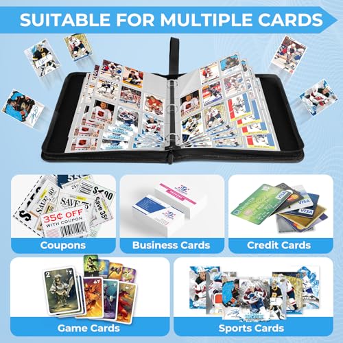 9 Pocket Card Binder: 900 Zipper Double Sided Sports & Trading Card Collector Album with 50 Removable Sleeves - Kids Card Holder for TCG NHL Baseball Football Hockey Games (Black） - color: Black