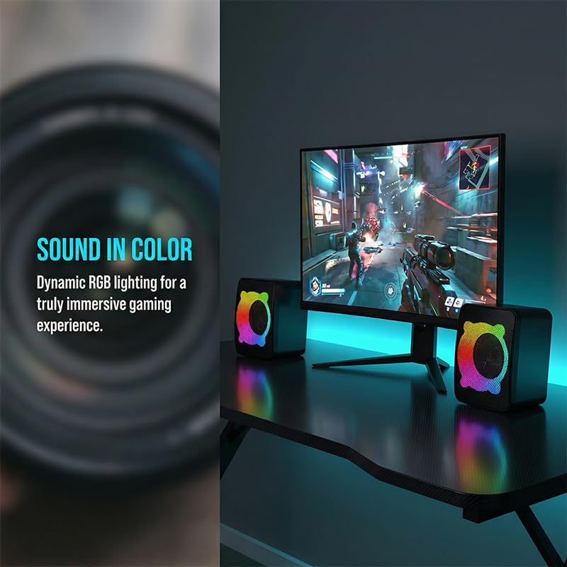 1 Pair Computer Speakers with Subwoofer, USB Powered Speakers with 3.5mm Aux Input, Wired RGB Stereo Speaker for Desktop PC Monitor, Gaming Desk Accessories