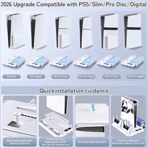 heclynis PS5 Cooling Stand for PS5/Slim/Pro, Dual Charger, RGB | Sturdy stand for PS5/Slim/Pro cools console, charges 2 controllers, stores 12 games and adds RGB lighting