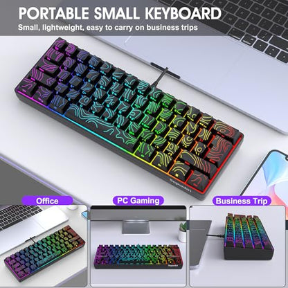 Snpurdiri 60% Wired Gaming Keyboard, 61 Keys RGB Backlit Ultra-Compact Contour Line Small Gaming Keyboard, for PC/Mac Gamer, Typist, Travel, Easy to Carry on Business Trip (Black) - color: Black(Contour-line)