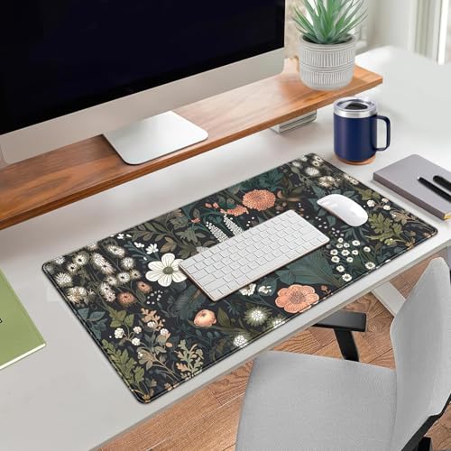 Dark Flower Desk Mat Floral Plants Mouse Pad Boho Aesthetic Wildflowers Large Gaming Mousepad Desk Pad, XXL Keyboard Mouse Mat Full Desktop Mat Women Office Desk Accessories 31.5"x15.7" - color: A5- Dark Flowers